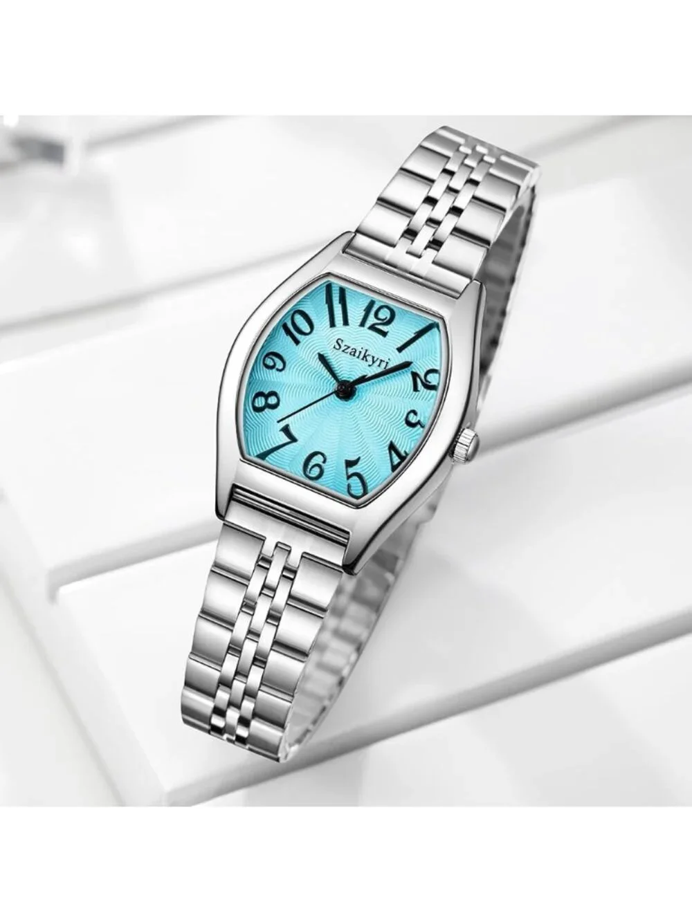Women's Blue-Silver Barrel-Shaped Easy Read Arabic Numerals Dress Wrist Watch